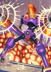 Rule 34 | 1boy, arm cannon, armor, blurry, commentary request, depth of field, dual wielding, dutch angle, explosion, firing, grey background, highres, holding, looking to the side, male focus, mega man (series), mega man battle network, mega man battle network (series), napalmman.exe, netnavi, solo, sound effects, standing, tesshii (riza4828), weapon