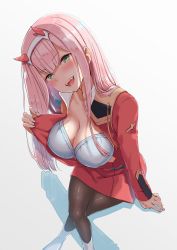 Rule 34 | 10s, absurdres, bad id, bad twitter id, blush, bra, breasts, darling in the franxx, fangs, hairband, highres, horns, izure (pixiv16392012), large breasts, open clothes, open shirt, pantyhose, pilot suit, pink hair, shirt, solo, underwear, white bra, white hairband, zero two (darling in the franxx)