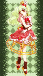 Rule 34 | 1girl, aidi (otoca d&#039;or), aidi (otoca doll), argyle, argyle background, argyle clothes, black footwear, border, bow, brooch, earrings, feathers, fingerless gloves, frills, full body, gloves, green background, green hair, honcha, jewelry, long hair, otoca d&#039;or, pink skirt, red bow, shoes, skirt, solo, white gloves, winding key, yellow eyes
