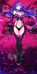 Rule 34 | 10s, 1girl, absurdres, bare shoulders, black gloves, boots, breasts, dominatrix, earrings, elbow gloves, full body, game cg, gloves, hair over one eye, heart, highres, holding, iris heart, jewelry, kami jigen game neptune v, light trail, logo, long hair, looking at viewer, midriff, mouse (animal), navel, neptune (series), non-web source, official art, purple hair, pururut, red eyes, ripples, smile, smirk, solo, standing, thigh boots, thigh gap, thighhighs, tsunako, very long hair, warechu, wings