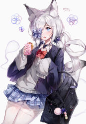 Rule 34 | 1girl, :o, absurdres, animal ear fluff, animal ears, azur lane, bag, bandaged leg, bandages, blue eyes, blue jacket, blue skirt, blush, bow, bowtie, food, fox ears, fox tail, ghost, grey sweater, hair over one eye, highres, holding, holding food, jacket, kasumi (at school with foo) (azur lane), kasumi (azur lane), looking at viewer, low ponytail, official alternate costume, pantyhose, plaid, plaid bow, plaid skirt, pleated skirt, ponytail, red bow, school bag, skirt, sleeves past fingers, sleeves past wrists, solo, sweater, tail, uchuunin, white pantyhose