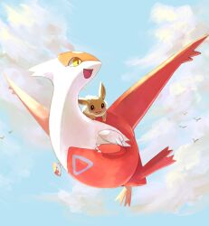 animal bird bishamon_(usagi_ba) brown_eyes brown_fur claws cloud commentary_request creatures_(company) dot_nose eevee flying full_body game_freak gen_1_pokemon gen_3_pokemon highres latias legendary_pokemon looking_ahead looking_to_the_side lying_on_another nintendo no_humans open_mouth pokemon pokemon_(creature) sky tongue triangle wings yellow_eyes