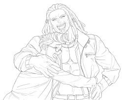 Rule 34 | 2boys, :d, abs, akudama drive, bara, belt, brawler (akudama drive), brmnd d (baraman), closed eyes, facial hair, glasses, greyscale, hair ornament, dreadlocks, hand on own hip, happy, highres, hoodlum (akudama drive), hug, jacket, jewelry, laughing, lineart, long sleeves, monochrome, multiple boys, muscular, muscular male, necklace, open clothes, open jacket, open mouth, sideburns, smile, stubble, yaoi, zipper