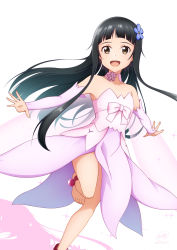 Rule 34 | 1girl, :d, bare legs, barefoot, black hair, blue eyes, blue flower, bow, brown eyes, collarbone, detached collar, detached sleeves, dress, floating hair, flower, hair flower, hair ornament, highres, ken-ji, leg up, long hair, long sleeves, looking at viewer, open mouth, outstretched arms, outstretched hand, pink bow, pink dress, pink sleeves, simple background, smile, solo, strapless, strapless dress, sword art online, very long hair, white background, yui (sao-alo)
