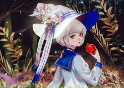 Rule 34 | 1girl, apple, black choker, blue sailor collar, choker, closed mouth, commentary request, flower, food, from side, fruit, hand on own hip, hat, hat flower, hat ribbon, holding, holding food, holding fruit, looking at viewer, looking to the side, original, ribbon, sailor collar, say hana, school uniform, serafuku, shirt, skull, solo, upper body, white hair, white hat, white shirt, witch