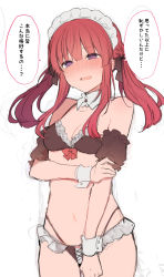 Rule 34 | 1girl, bare shoulders, bikini, blush, bow, braid, breasts, brown bikini, brown bow, cleavage, covering privates, covering crotch, detached collar, detached sleeves, embarrassed, floating hair, french braid, hair bow, ikeuchi tanuma, long hair, looking at viewer, maid, maid bikini, maid headdress, nose blush, open mouth, original, puffy short sleeves, puffy sleeves, purple eyes, red hair, short sleeves, small breasts, solo, sweatdrop, swimsuit, unconventional maid, white background, wing collar, wrist cuffs