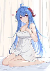 Rule 34 | 1girl, absurdres, ahoge, alternate costume, arm at side, armpit crease, bare arms, bare legs, bare shoulders, barefoot, blue hair, blush, breasts, cleavage, closed mouth, crossed bangs, dot nose, dress, frilled dress, frills, full body, ganyu (genshin impact), genshin impact, goat horns, hair between eyes, hand up, heart, highres, horns, l.tea, large breasts, long hair, looking at viewer, on bed, purple eyes, sitting, smile, solo, strap slip, wariza, white dress