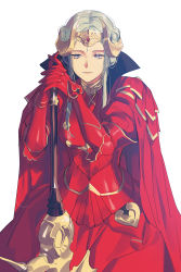 Rule 34 | 1girl, absurdres, alttonov, axe, aymr (fire emblem), bad id, bad twitter id, cape, closed mouth, edelgard von hresvelg, fire emblem, fire emblem: three houses, headpiece, heroes relic (fire emblem), highres, holding, holding axe, horns, nintendo, purple eyes, simple background, solo, white background, white hair