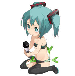 Rule 34 | 1girl, aged down, alternate hair length, alternate hairstyle, aqua eyes, aqua hair, bad id, bad pixiv id, bandeau, boots, child, flat chest, hatsune miku, microphone, simple background, sitting, solo, spring onion, strapless, tamakorogashi, tears, thigh boots, thighhighs, tube top, twintails, vocaloid, wariza, white background