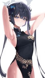 Rule 34 | 1girl, absurdres, armpits, arms behind head, arms up, black dress, black eyes, black hair, blue archive, blush, breasts, bug, butterfly, china dress, chinese clothes, dragon print, dress, highres, insect, kisaki (blue archive), looking at viewer, muang (muang vrc), sleeveless, sleeveless dress, small breasts, solo, twintails, white background