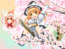 Rule 34 | 2girls, :d, :o, blonde hair, bloomers, bowl, broom, broom riding, cherry blossoms, female focus, flying, hand up, hat, kirisame marisa, lily white, long hair, multiple girls, open mouth, outstretched arm, outstretched arms, short hair, smile, spread arms, spring (season), touhou, underwear, wapokichi, waving, wings, witch, witch hat, yellow eyes