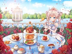 Rule 34 | 1girl, bird, blush, bow, braid, breasts, chair, checkerboard cookie, cookie, crown, crown braid, cup, cupcake, day, dessert, dress, egg tart, flower, food, fork, hair bow, hair rings, highres, long hair, lp (siston), outdoors, petals, plate, railing, sandwich, saucer, sitting, small breasts, smile, spoon, standing, table, tablecloth, tea, teacup, teapot, tiered tray, twintails, very long hair, water, white bow, white dress