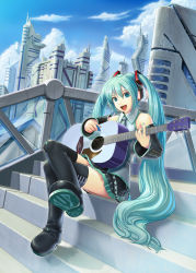 Rule 34 | 1girl, :d, acoustic guitar, aqua eyes, aqua hair, city, cloud, day, detached sleeves, guitar, hatsune miku, hi-ho-, highres, instrument, legs, crossed legs, long hair, microphone, necktie, open mouth, plectrum, sitting, sitting on stairs, skirt, sky, smile, solo, stairs, thighhighs, twintails, very long hair, vocaloid, zettai ryouiki
