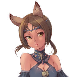 Rule 34 | 00s, 1girl, bare shoulders, breasts, brown hair, cleavage, facial mark, final fantasy, final fantasy xi, forehead mark, headband, lips, mithra (ff11), short hair, short twintails, slit pupils, solo, takatsuki kahiro, twintails, upper body, white background