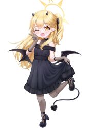 Rule 34 | 1girl, absurdres, black dress, black footwear, black horns, black pantyhose, black tail, black wings, blonde hair, blue archive, blush, commentary, demon horns, demon tail, demon wings, dress, fang, halo, high heels, highres, horns, ibuki (blue archive), ibuki (dress) (blue archive), kuma piv, long hair, official alternate costume, one eye closed, open mouth, pantyhose, pointy ears, side ponytail, simple background, smile, solo, tail, white background, wings, yellow eyes, yellow halo