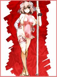 Rule 34 | 1girl, adapted costume, apron, bandages, border, breasts, bridal garter, cuffs, double bun, full body, highres, hiichisato, ibaraki kasen, large breasts, looking at viewer, naked apron, naked tabard, pink hair, pole, pole dancing, red eyes, sex toy, shackles, short hair, sketch, solo, standing, stripper pole, tabard, thigh strap, touhou, vibrator