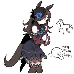 Rule 34 | 1girl, animal ears, bare shoulders, black hat, black thighhighs, blue dress, blue flower, blue rose, bright pupils, brown hair, cropped legs, detached sleeves, dress, flower, fur collar, furrowed brow, hair over one eye, hat, hat flower, highres, horse ears, horse girl, horse tail, korean text, long sleeves, mini hat, nyong nyong, pink eyes, purple sleeves, rice shower (umamusume), rose, simple background, solo, strapless, strapless dress, tail, thighhighs, translation request, umamusume, white background, white pupils, zettai ryouiki