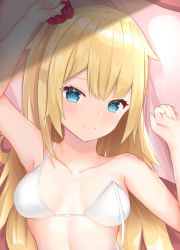 Rule 34 | absurdres, akai haato, akinokazuya, aqua eyes, arms up, bad hands, bad id, bad pixiv id, blonde hair, bra, breasts, collarbone, hair ornament, heart, heart hair ornament, highres, hololive, light blush, long hair, looking at viewer, on bed, one side up, pillow, red sheet, small breasts, smile, solo, strap slip, translucent hair, underwear, very long hair, virtual youtuber, white bra