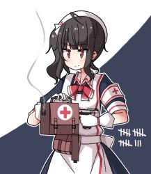 Rule 34 | 1girl, ac130, ahoge, armband, bag, black hair, bullet hole, commentary request, girls&#039; frontline, gloves, gsh-18, gsh-18 (girls&#039; frontline), gsh-18 (mobile operating table) (girls&#039; frontline), gun, handgun, hat, holding, holding bag, holding gun, holding weapon, nurse, nurse cap, official alternate costume, one side up, pdw-caliber pistol, pistol, red eyes, short sleeves, smoke, solo, tally, upper body, weapon, white gloves