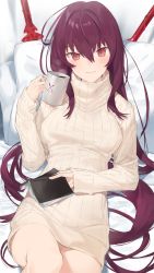 Rule 34 | 1girl, beige sweater, blush, book, breasts, coffee mug, cup, fate/grand order, fate (series), gae bolg (fate), hair between eyes, hayashi kewi, long hair, looking at viewer, medium breasts, mug, on bed, pillow, polearm, purple hair, red eyes, ribbed sweater, scathach (fate), smile, solo, spear, sweater, turtleneck, turtleneck sweater, weapon