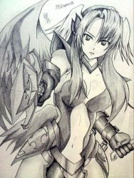 Rule 34 | 1girl, armor, breasts, character name, cleavage, gloves, greyscale, headband, long hair, minerva (p&amp;d), monochrome, navel, puzzle &amp; dragons, shield, simple background, small breasts, solo, sword, weapon, wings