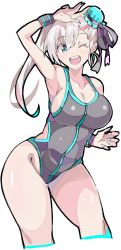 Rule 34 | 1girl, :d, arm up, asymmetrical hair, bare shoulders, black one-piece swimsuit, blue eyes, breasts, bun cover, cleavage, collarbone, competition swimsuit, enpe, fate/grand order, fate (series), fingernails, groin, hair between eyes, hair bun, highres, large breasts, long hair, miyamoto musashi (fate), miyamoto musashi (fate/grand order), miyamoto musashi (swimsuit berserker) (fate), miyamoto musashi (swimsuit berserker) (first ascension) (fate), one-piece swimsuit, open mouth, sideboob, simple background, single hair bun, smile, solo, swimsuit, tattoo, teeth, white background, white hair, wristband