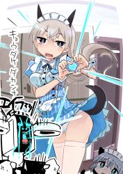 Rule 34 | 1other, 2girls, absurdres, alice gear aegis, animal ears, apron, blue dress, blush, character name, dress, eila ilmatar juutilainen, floating, floating object, frilled dress, frilled sleeves, frills, grey hair, highres, maid, maid apron, maid headdress, multiple girls, open mouth, panties, pegina, purple eyes, sanya v. litvyak, strike witches, tail, thighhighs, translation request, underwear, white panties, white thighhighs, wolf ears, wolf tail, world witches series