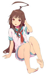 Rule 34 | 10s, 1girl, ahoge, arm support, barefoot, brown eyes, brown hair, feet, full body, hand on own head, highres, huge ahoge, kantai collection, kuma (kancolle), long hair, neckerchief, open mouth, sailor collar, school uniform, serafuku, shorts, simple background, sitting, solo, white background, youmak