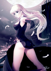 Rule 34 | 1girl, ass, black dress, blonde hair, breasts, city, dress, earrings, elbow gloves, elysion, covered erect nipples, eri (artist), feathers, gloves, gun, jewelry, large breasts, long hair, looking at viewer, moon, necklace, night, no bra, no panties, rifle, solo, sound horizon, stardust, weapon