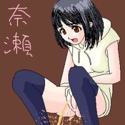 Rule 34 | 1girl, artist request, black hair, black thighhighs, blush, bottomless, breasts, brown background, brown eyes, hikaru no go, hood, hoodie, looking down, lowres, nase asumi, open mouth, peeing, pixel art, pussy, short hair, sleeveless, sleeveless hoodie, small breasts, squatting, thighhighs, uncensored, yellow hoodie