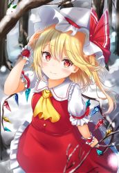 Rule 34 | 1girl, arm up, bare tree, blonde hair, blush, branch, commentary request, cowboy shot, crystal, flandre scarlet, frilled shirt collar, frills, hair between eyes, hat, hat ribbon, highres, long hair, looking at viewer, mob cap, one side up, outdoors, petticoat, puffy short sleeves, puffy sleeves, red eyes, red ribbon, red skirt, red vest, renka (cloudsaikou), ribbon, shirt, short sleeves, skirt, smile, snow, snow rabbit, solo, standing, touhou, tree, vest, white hat, white shirt, wings, wrist cuffs