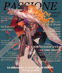 Rule 34 | 2boys, absurdres, aiming, aiming at viewer, arms around neck, belt, black eyes, black hair, black pants, blonde hair, brown footwear, character name, closed mouth, coat, cover, fashion, giorno giovanna, green eyes, grin, guido mista, gun, handgun, highres, holding, holding gun, holding weapon, jacket, jewelry, jojo no kimyou na bouken, long hair, long sleeves, looking at viewer, mafia, magazine cover, multiple boys, one eye closed, open mouth, pants, petals, pink jacket, pink pants, pistol, red shirt, ring, seiini, shirt, smile, teeth, vento aureo, weapon, white coat, white footwear