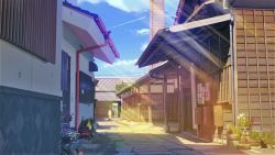 Rule 34 | architecture, bad id, bad pixiv id, blue sky, brick, building, chimney, cloud, commentary request, contrail, day, door, east asian architecture, evening, flower, flower pot, highres, house, kamo nasus., light rays, no humans, original, pillar, plant, potted plant, road, scenery, shrine, sky, street, sunbeam, sunlight, vanishing point, window
