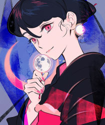 Rule 34 | 1girl, black hair, blue background, closed mouth, fingernails, full moon, hair ornament, hairpin, holding, japanese clothes, kimono, long sleeves, looking at viewer, moon, nail polish, obi, original, red eyes, red nails, sash, smile, solo, umishima senbon, upper body, wide sleeves