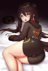 Rule 34 | 1girl, absurdres, artist request, ass, black nails, blush, brown hair, cameltoe, chinese clothes, cleft of venus, from behind, genshin impact, half-closed eyes, hat, unworn hat, unworn headwear, highres, hu tao (genshin impact), long hair, looking at viewer, lying, nail polish, on side, open mouth, red eyes, shiny clothes, shiny skin, short shorts, shorts, skin tight, smile, solo, symbol-shaped pupils, thighs, twintails, very long hair
