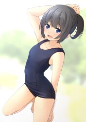 Rule 34 | 1girl, barefoot, black hair, black one-piece swimsuit, blue eyes, flat chest, full body, highres, kneeling, old school swimsuit, one-piece swimsuit, open mouth, original, ponytail, school swimsuit, shibacha, short hair, smile, solo, swimsuit