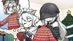 Rule 34 | 2girls, ^ ^, abyssal ship, anzio princess, armor, christmas, christmas ornaments, christmas present, christmas sweater, christmas tree, closed eyes, commission, covered eyes, enemy aircraft (kancolle), european princess, european water princess, gauntlets, gift, gorget, hamu koutarou, hat, helmet, helmet over eyes, highres, holding, imagining, indoors, kantai collection, knitting, kuchiku i-kyuu, long hair, long sleeves, multiple girls, pale skin, pixiv commission, purple eyes, revealing clothes, short hair, sweater, thought bubble, white hair, yarn, yarn ball