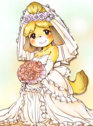 Rule 34 | 1girl, alternate costume, animal crossing, animal ears, animal nose, bare shoulders, blonde hair, blush, body fur, bouquet, breasts, bridal veil, bride, cleavage, commentary request, dog ears, dog girl, dog tail, dress, elbow gloves, flower, frills, furry, furry female, gloves, happy, holding, holding bouquet, isabelle (animal crossing), looking at viewer, nintendo, pink flower, pink rose, rose, setouchi kurage, smile, solo, strapless, strapless dress, tail, veil, wedding dress, white gloves, yellow fur