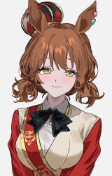 Rule 34 | 1girl, animal ears, aston machan (umamusume), blush, bow, bowtie, brown hair, crown, green eyes, highres, horse ears, horse girl, long sleeves, looking at viewer, low twintails, m75255831, red sash, sash, short twintails, simple background, solo, twintails, umamusume, upper body, white background