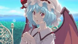 Rule 34 | 1girl, anime coloring, bat wings, blue hair, day, female focus, hat, matsudo aya, md5 mismatch, nature, ocean, red eyes, remilia scarlet, scenery, short hair, sky, solo, touhou, upper body, white hat, wings