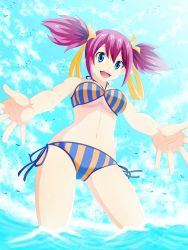 Rule 34 | 1girl, absurdres, bikini, bird, blue eyes, breasts, day, fairy tail, hair ribbon, highres, medium breasts, open mouth, outdoors, planeptune, purple hair, ribbon, sheria blendy, side-tie bikini bottom, sky, solo, striped bikini, striped clothes, swimsuit, twintails, underboob, water, yellow ribbon