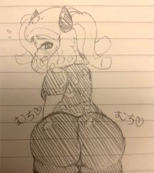 Rule 34 | 1girl, ass, ass focus, blunt bangs, blush, embarrassed, from behind, highres, lined paper, looking at viewer, looking back, monochrome, nintendo, sketch, solo, splatoon (series), tagme