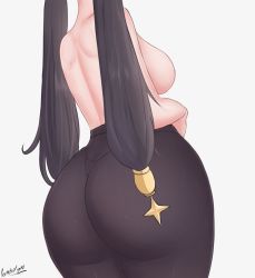 Rule 34 | 1girl, ass, ass focus, bad id, bad pixiv id, black hair, breasts, from behind, genshin impact, hair ornament, head out of frame, highres, huge ass, lambofgod 777, long hair, mona (genshin impact), nipples, oroborus, pantyhose, shiny skin, sideboob, solo, thong, topless, twintails, very long hair