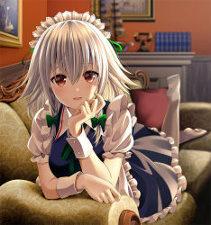 Rule 34 | 1girl, apron, blue dress, blush, book, bow, braid, commentary request, couch, dress, frilled apron, frills, green bow, green ribbon, hair between eyes, hair bow, hair ribbon, hand up, head rest, indoors, izayoi sakuya, looking at viewer, lying, maid, maid apron, maid headdress, model ship, neck ribbon, no shoes, on stomach, open mouth, petticoat, phone, picture frame, pillow, puffy short sleeves, puffy sleeves, red eyes, ribbon, short hair, short sleeves, silver hair, smile, solo, touhou, twin braids, waist apron, white legwear, wing collar, wrist cuffs, yuuka nonoko