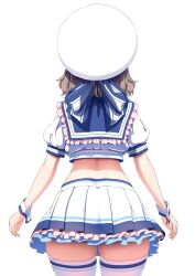 Rule 34 | amagi (volfuji), ass, back, frills, from behind, hat, highres, leaning forward, love live!, love live! sunshine!!, midriff, ribbon, sailor collar, short hair, simple background, skirt, thighhighs, thighs, watanabe you