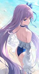 Rule 34 | 1girl, absurdres, ass, back, bare shoulders, beach, blue choker, blue eyes, blue one-piece swimsuit, blue ribbon, choker, fate/grand order, fate (series), floating hair, frilled one-piece swimsuit, frills, hair ribbon, highleg, highleg swimsuit, highres, long hair, long sleeves, looking at viewer, meltryllis, meltryllis (fate), meltryllis (swimsuit lancer) (fate), meltryllis (swimsuit lancer) (second ascension) (fate), off-shoulder one-piece swimsuit, off shoulder, one-piece swimsuit, outdoors, puffy sleeves, purple hair, ribbon, sleeves past fingers, sleeves past wrists, solo, som (mnfx7235), swimsuit, very long hair