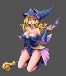 Rule 34 | 1girl, bare shoulders, blonde hair, blue eyes, blush, boots, breasts, choker, cleavage, dark magician girl, detached sleeves, duel monster, female focus, green eyes, grey background, hat, highres, kneeling, long hair, open mouth, pentacle, rokuta66, sitting, skirt, solo, staff, wand, wariza, wizard hat, yu-gi-oh!, yu-gi-oh! duel monsters
