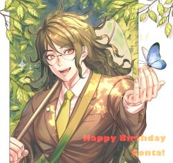 Rule 34 | 1boy, :d, bag, blue butterfly, brown eyes, brown hair, brown jacket, bug, butterfly, character name, collared shirt, commentary request, danganronpa (series), danganronpa v3: killing harmony, fang, glasses, gokuhara gonta, green necktie, happy birthday, highres, holding, insect, jacket, leaf, long hair, long sleeves, looking at viewer, male focus, messy hair, necktie, net, open mouth, over shoulder, round eyewear, sanmian (chidarakeno), shirt, shoulder bag, smile, solo, upper body, white background, white shirt