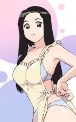 Rule 34 | 1girl, apron, black hair, bra, breasts, character request, closed mouth, commentary request, large breasts, long hair, looking at viewer, minna no uta (nhk), nearly naked apron, panties, retro artstyle, solo, ueyama michirou, underwear