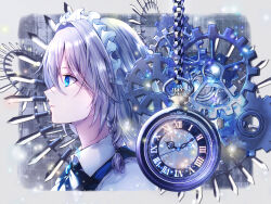 Rule 34 | 1girl, akane (a reddam), analog clock, blue eyes, border, bow, braid, chain, clock, cropped torso, danmaku, expressionless, from side, gears, highres, izayoi sakuya, knife, light particles, long hair, looking ahead, maid headdress, parted lips, pocket watch, profile, roman numeral, solo, throwing knife, touhou, upper body, watch, weapon